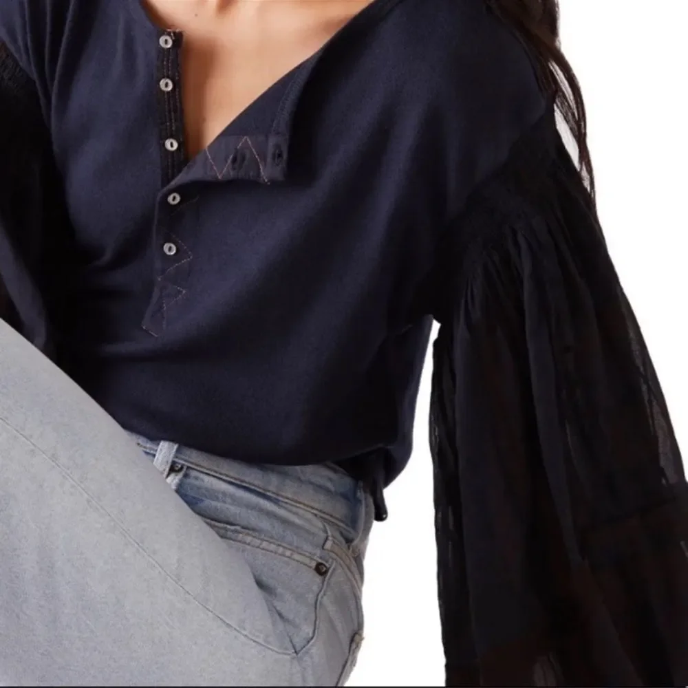 Free People Light Magic Henley Top Blouse Deep Navy XS NWT